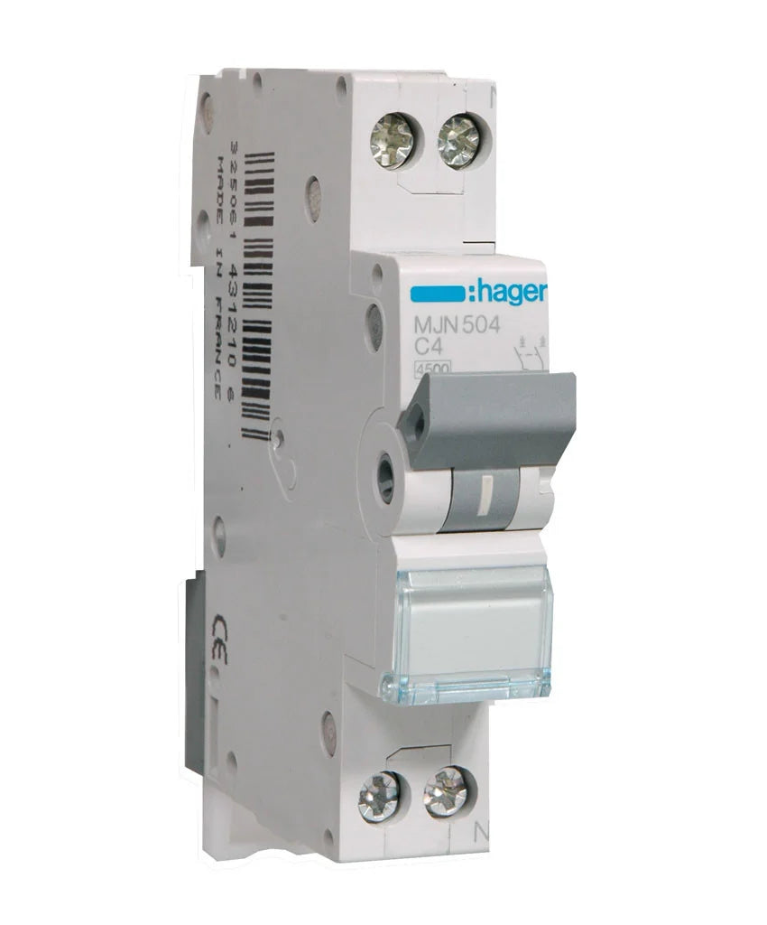 Hager MJN installatieautomaat C karakteristiek 4a 2P 1 beveiligd incl nul 1te - MJN504